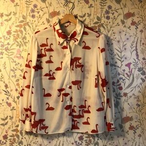 Vintage handmade red swan polyester see through button up blouse